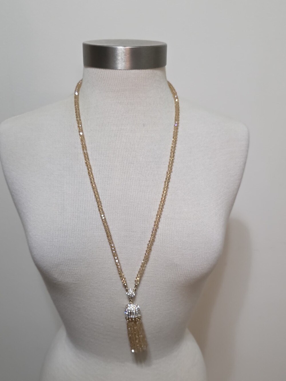 Champagne Crystal Tassel Necklace 30" Long